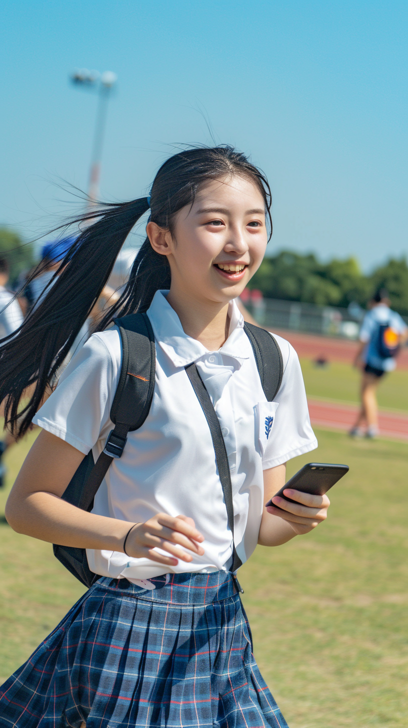 穿校服的学生手拿手机洋溢青春活力