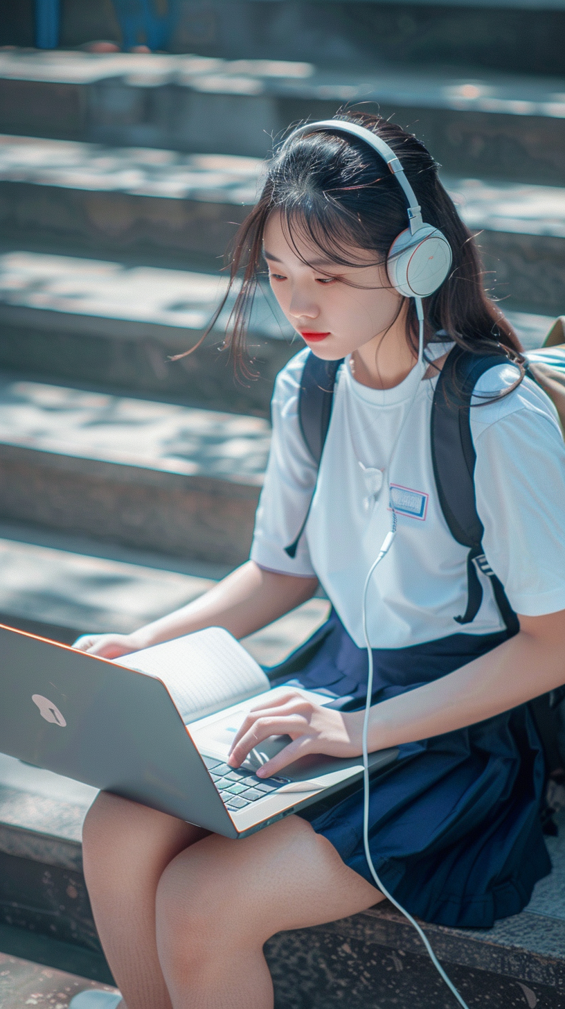 学生戴耳机用笔记本电脑专注学习