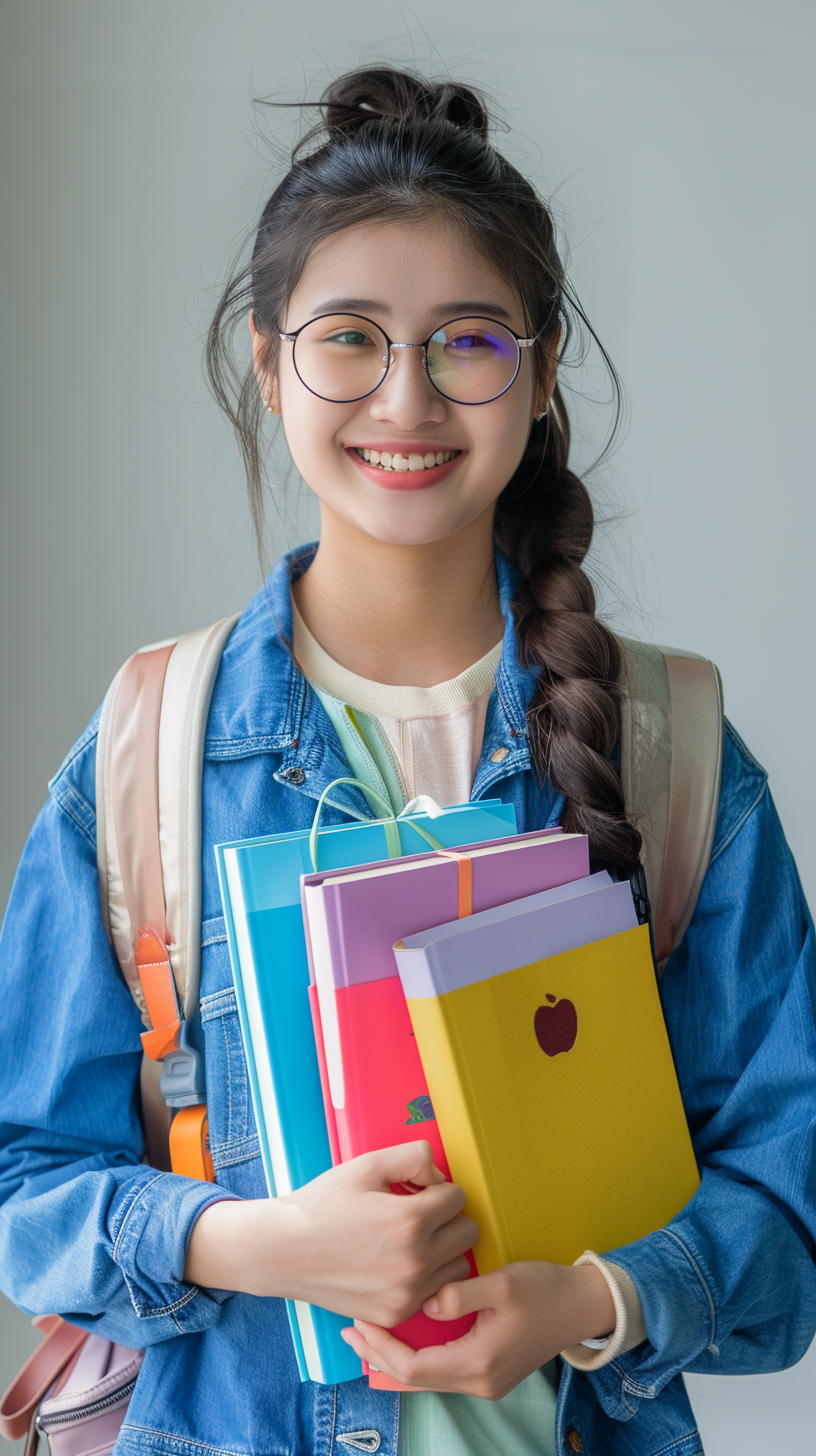 学生怀抱多彩书本 洋溢青春气息