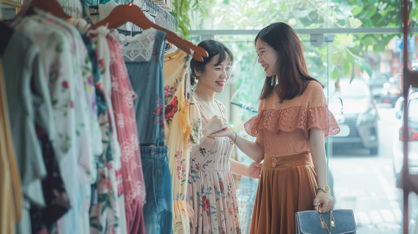 闺蜜相伴逛服装店 时尚服饰