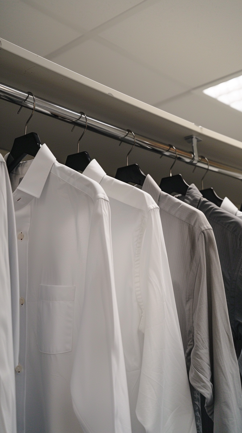 整齐挂放的各式衬衫服饰箱包展示