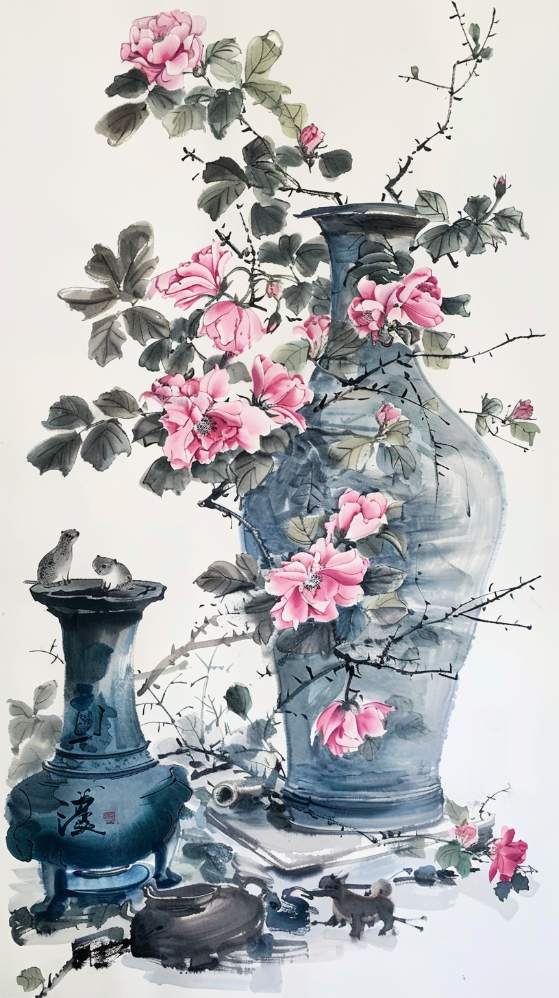 精美水墨风花瓶鲜花图文艺雅致