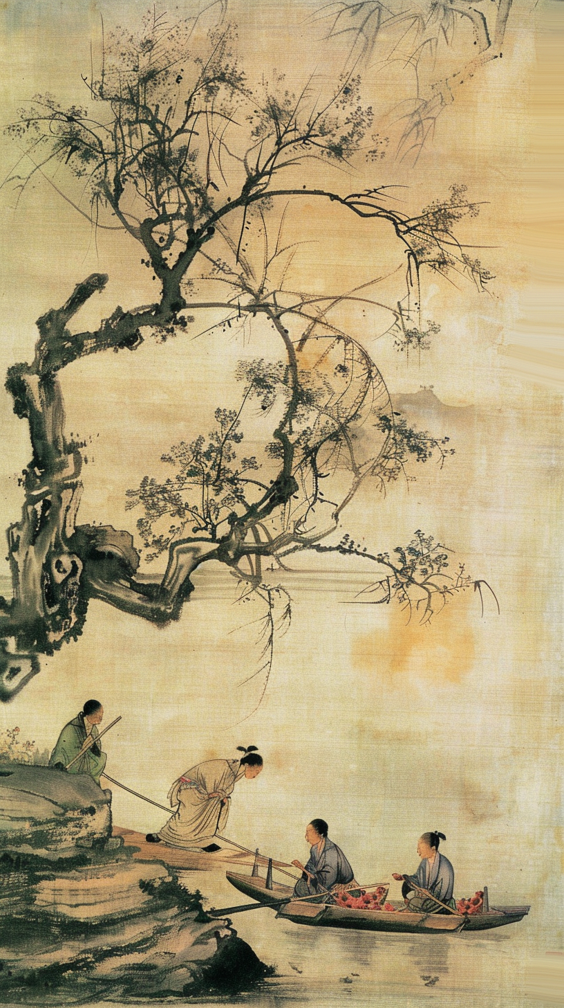 古典水墨画中江河泛舟的古装人物场景