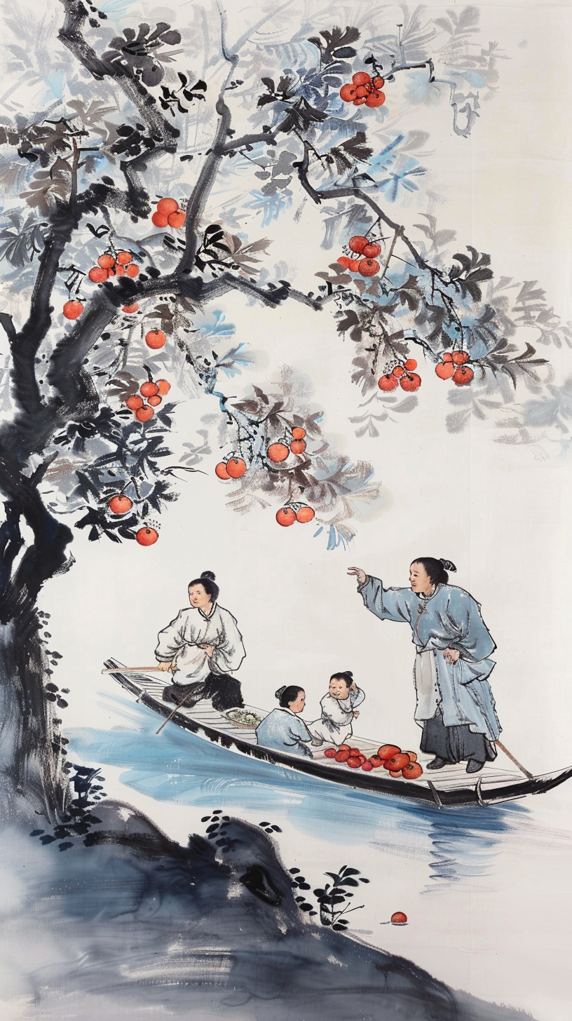 水墨风格画中人物在船上采摘果实的景象