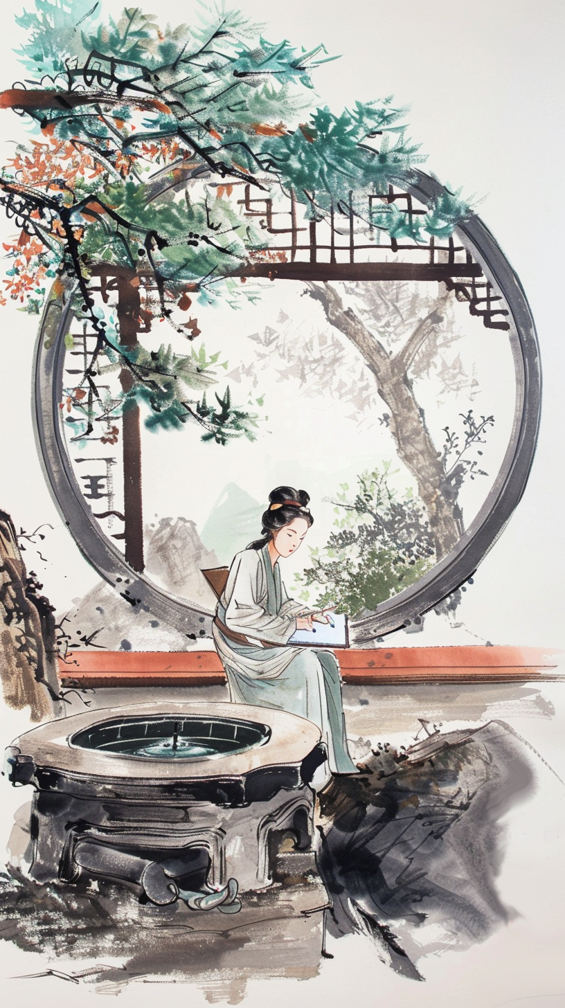 古风女子静坐赏景图水墨韵味