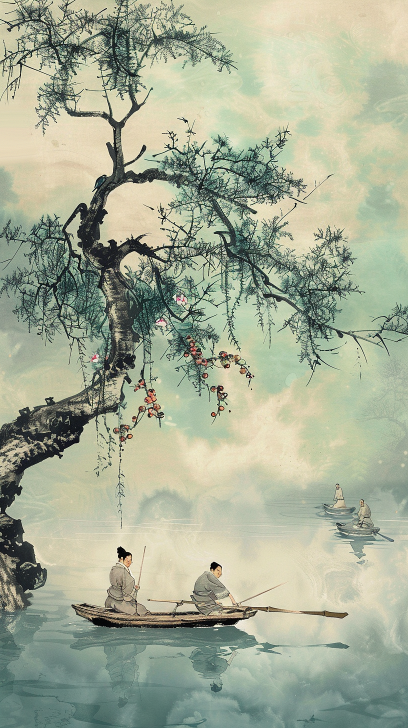 古风水墨画中湖泊泛舟的古装人物景象