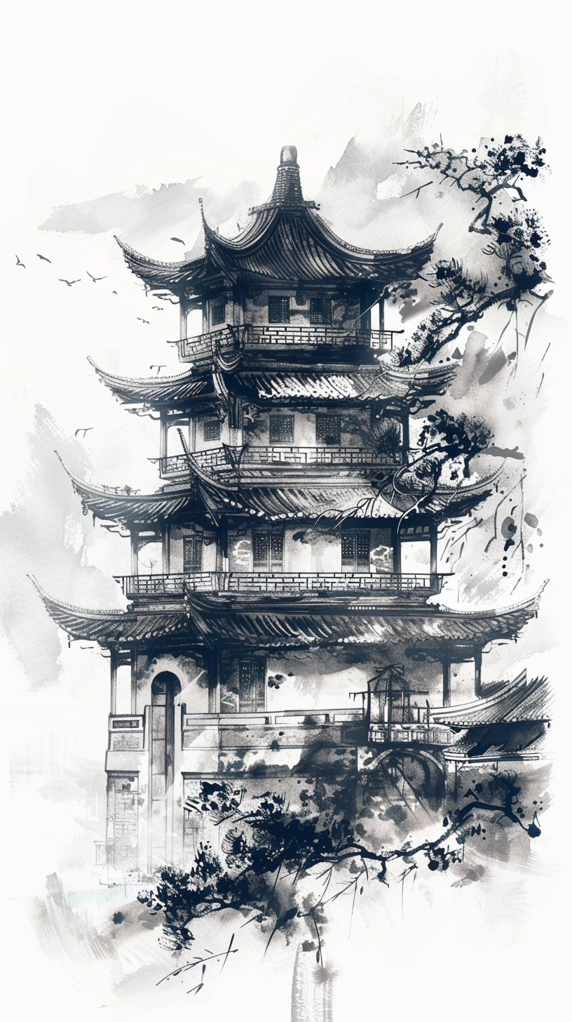 水墨风格古建筑壁纸中国风韵味