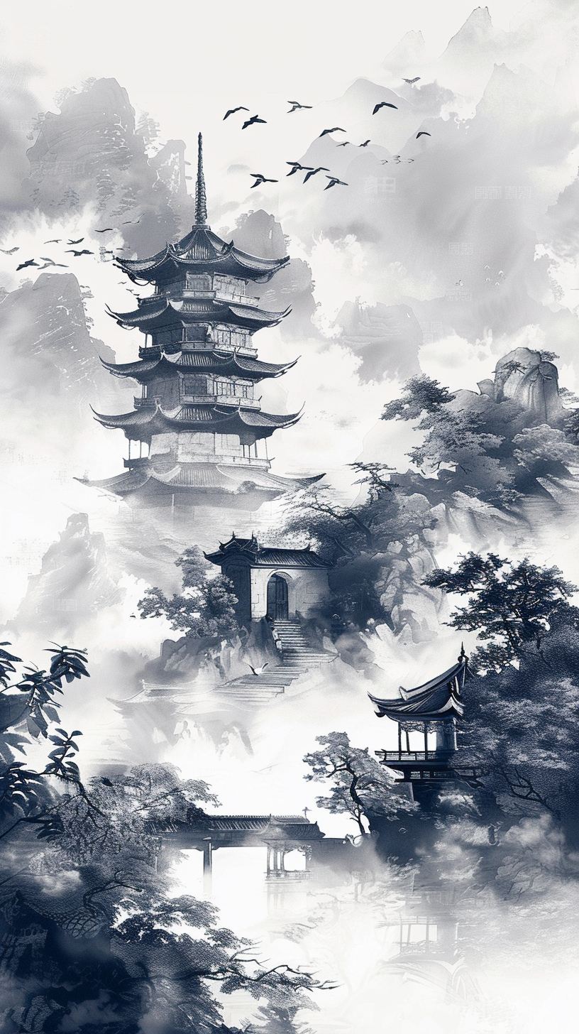 水墨风格古建筑图壁纸素材