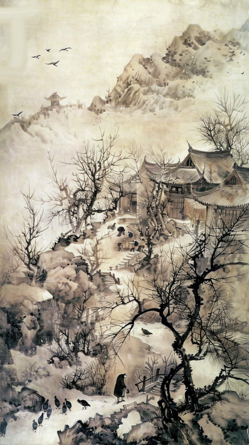 水墨风古建筑雪景图冬日乡村之美