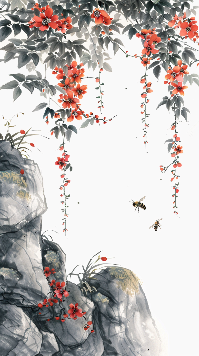 水墨风格蜜蜂红花图精美壁纸