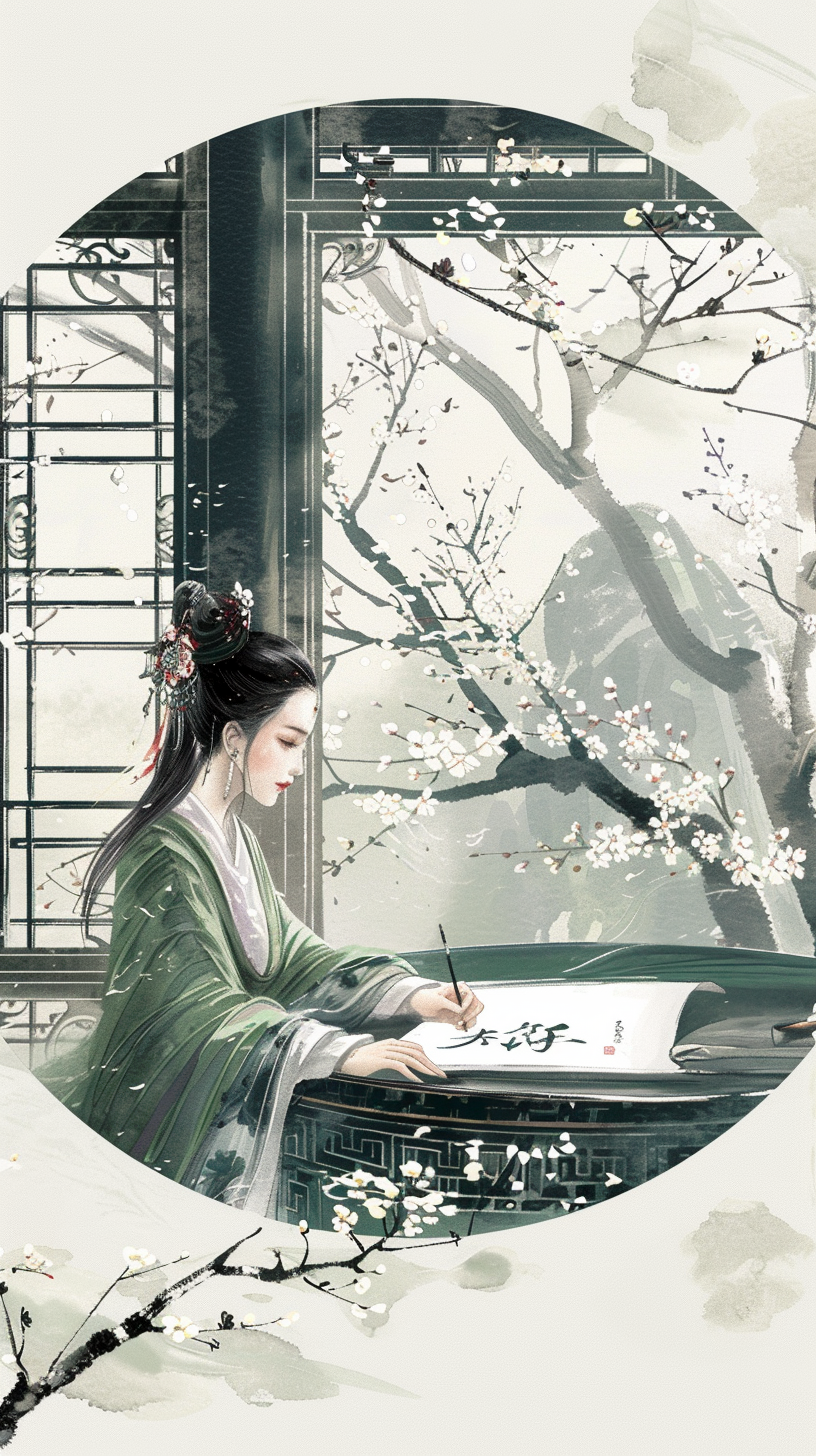 古装女子挥毫泼墨文艺气质的古风图