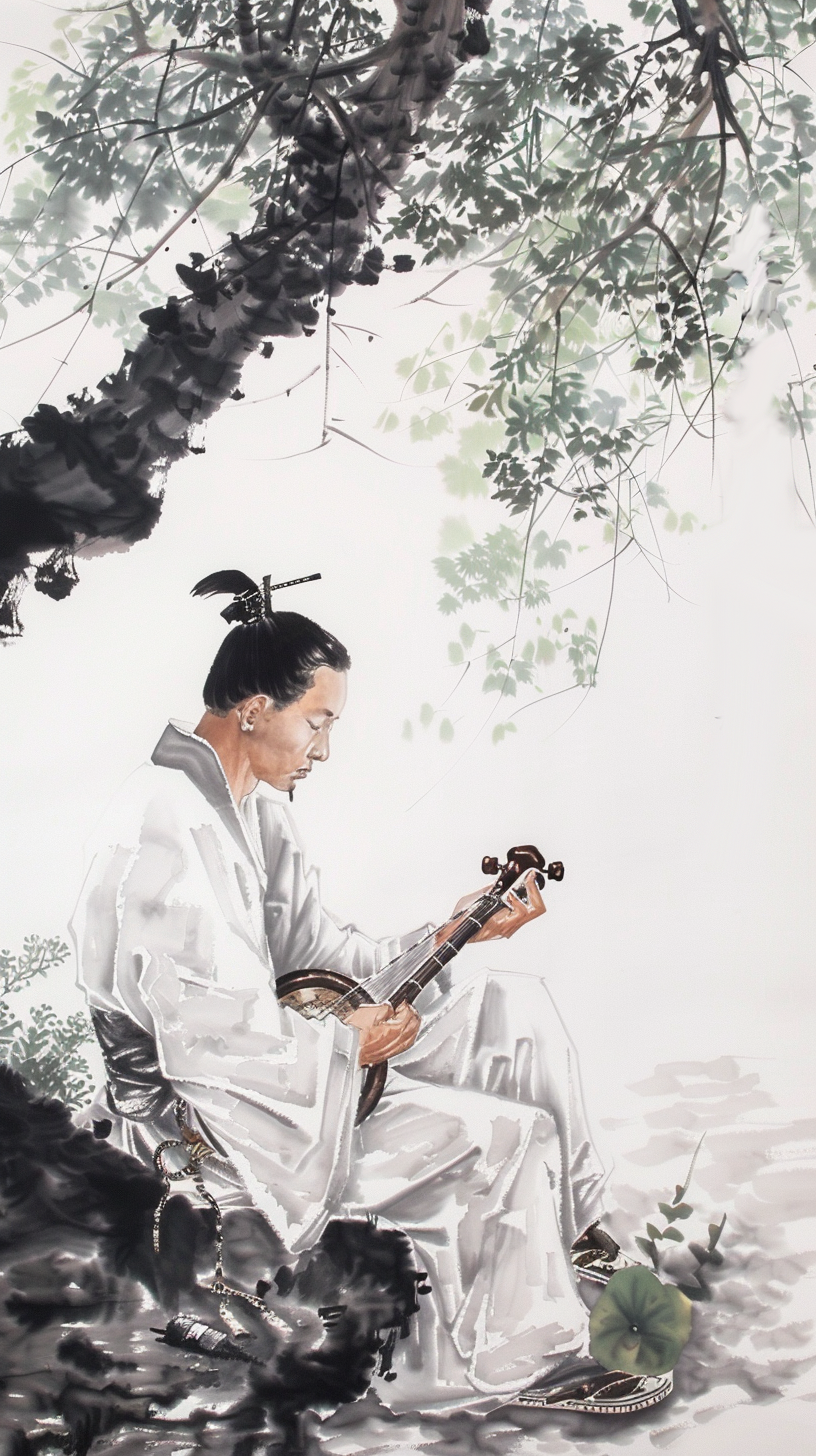 古装人物树下弹奏乐器文艺气息