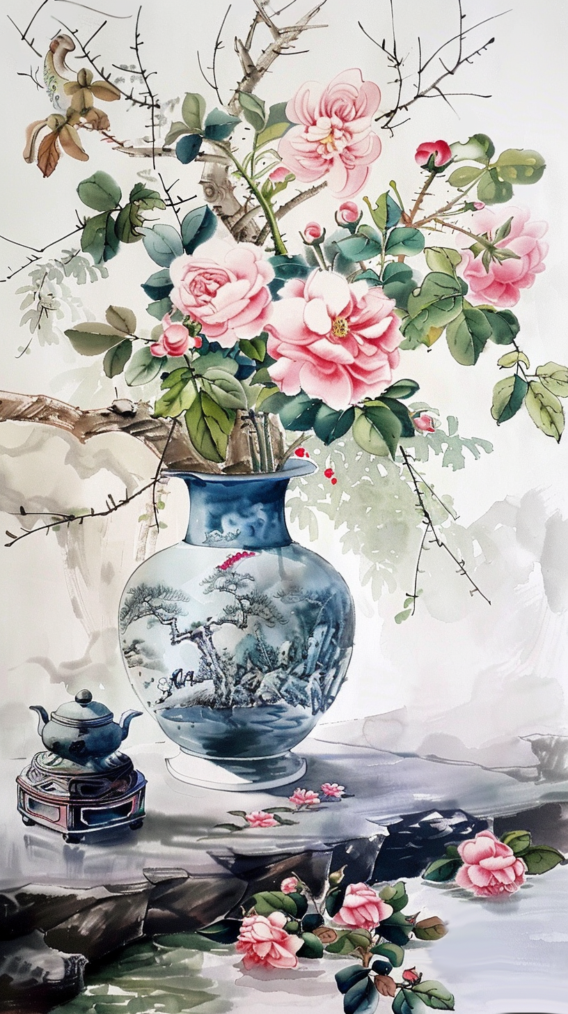 精美花瓶插满粉花中式典雅风格装饰画