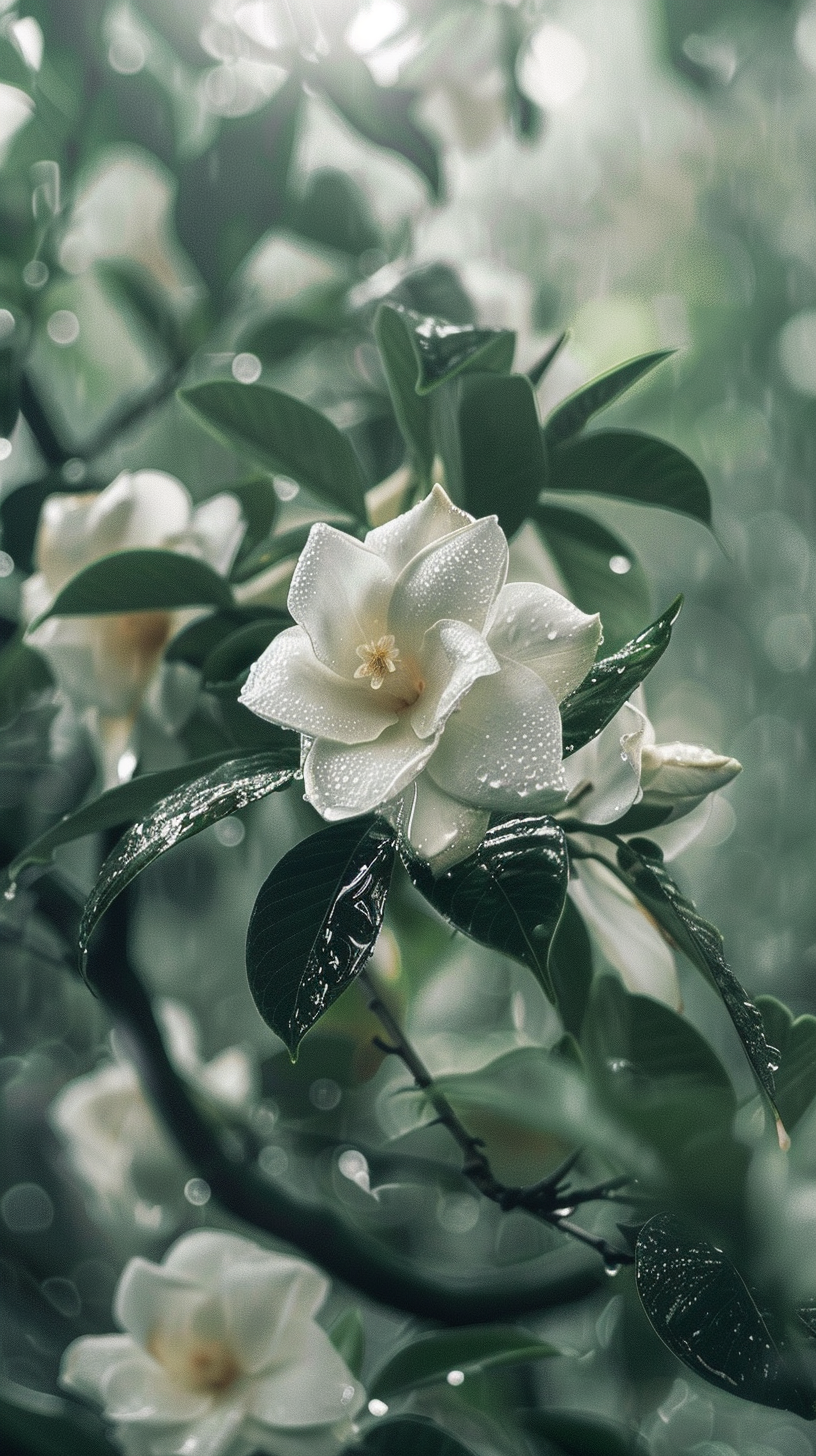 带水珠的栀子花绿叶 清新壁纸素材