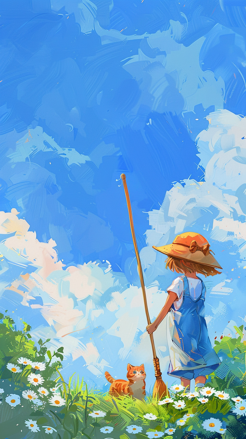 小女孩与猫咪户外场景壁纸