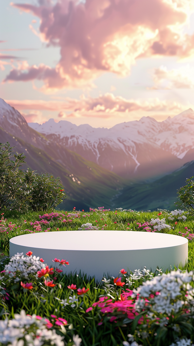 雪山草地美景中的圆形展示台