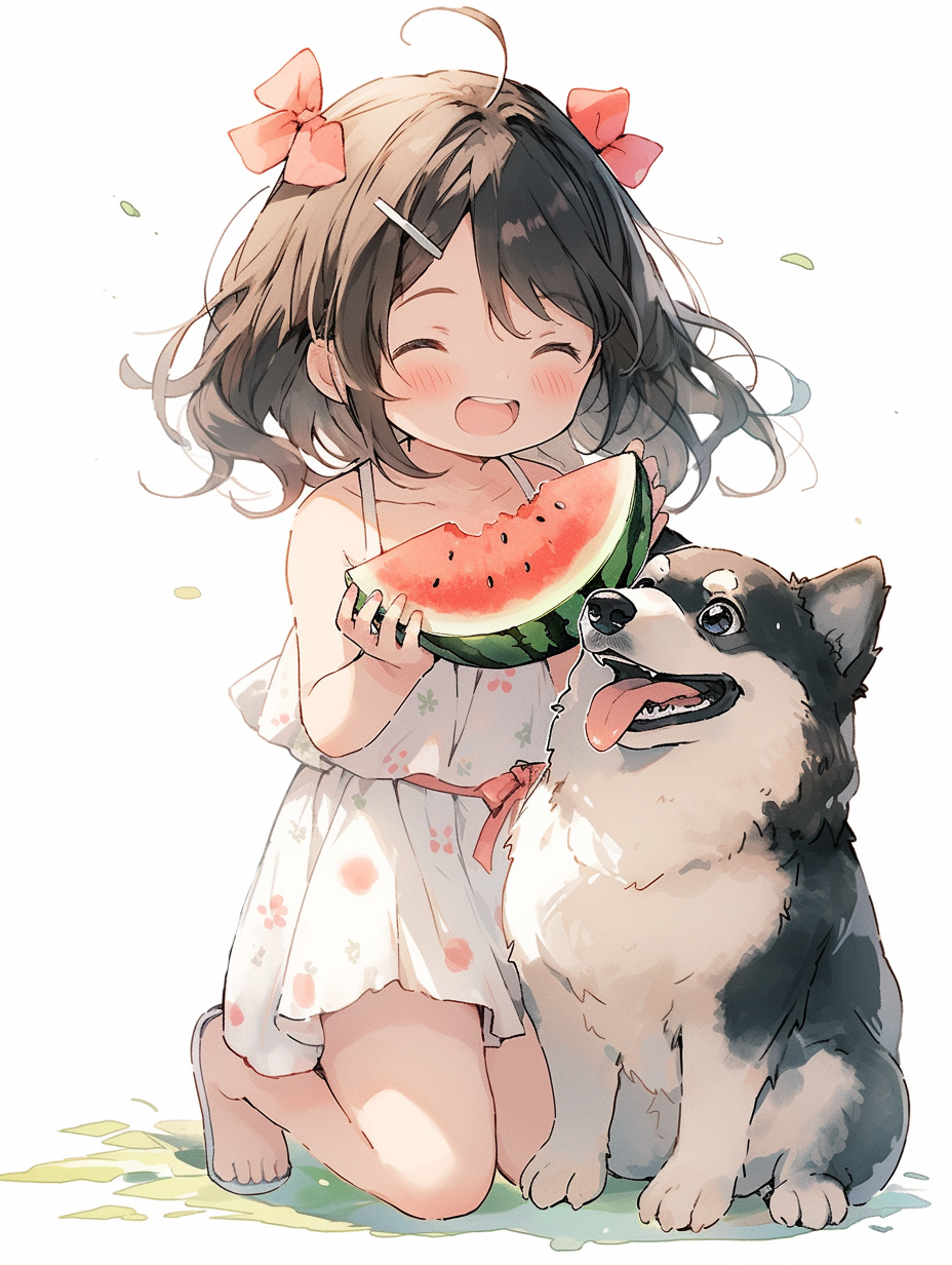 可爱女孩与狗狗共享西瓜的温馨插画