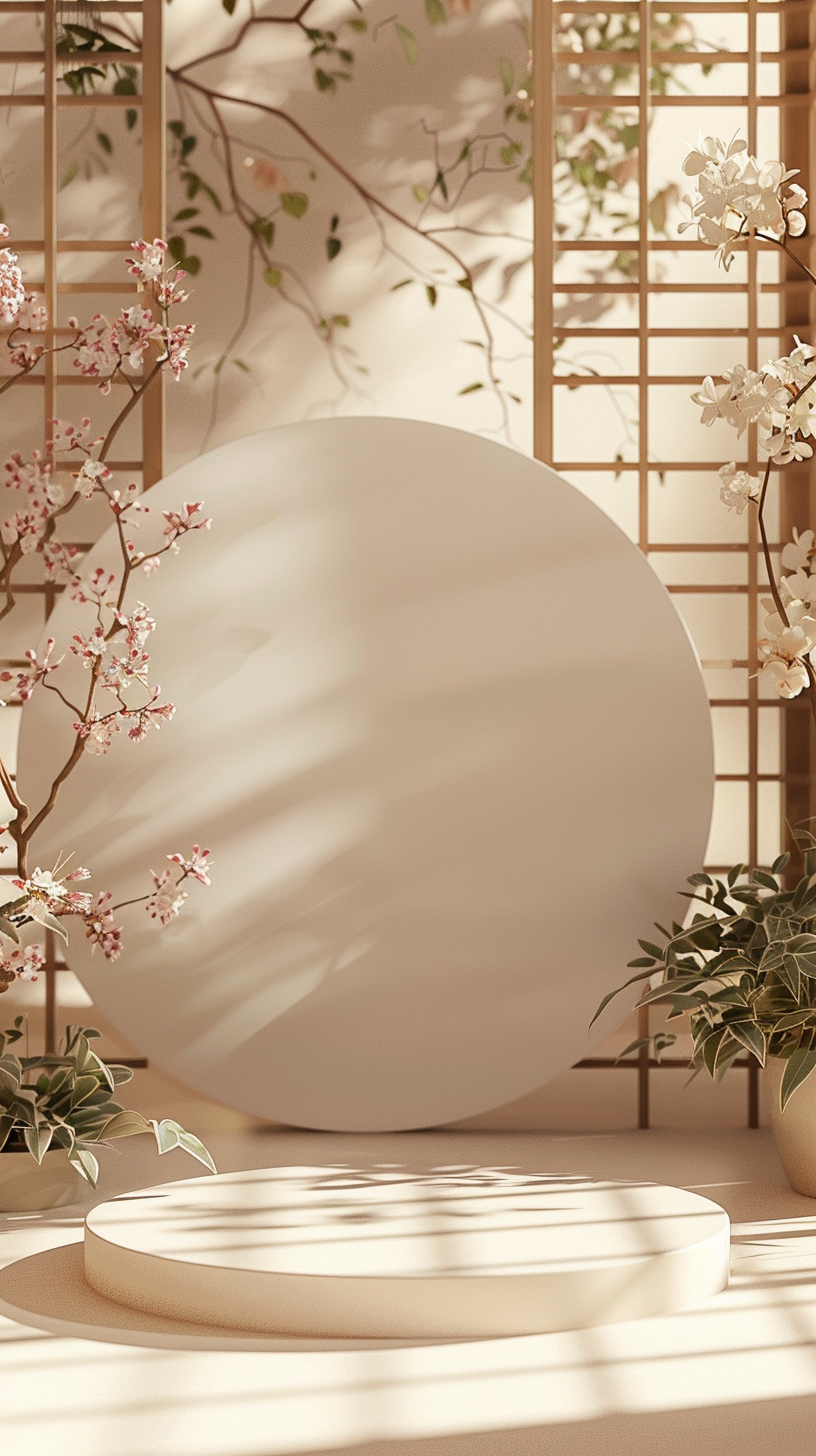 中式风格圆形展台搭配鲜花绿植展示