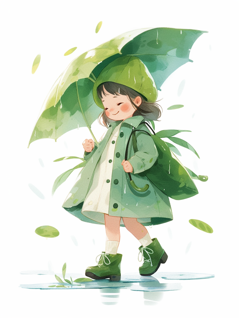 可爱女孩撑伞漫步春日雨景壁纸