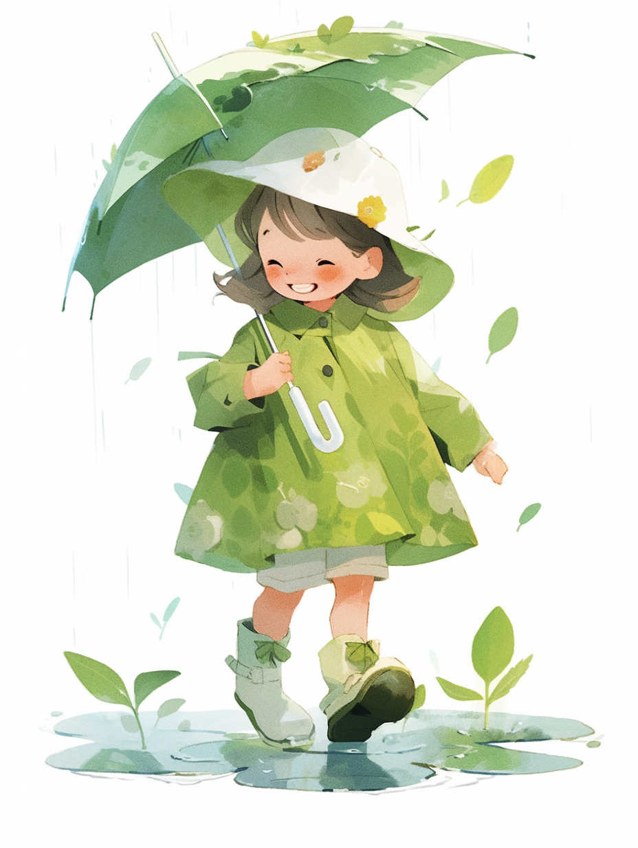 可爱小女孩撑伞雨中漫步的清新插画