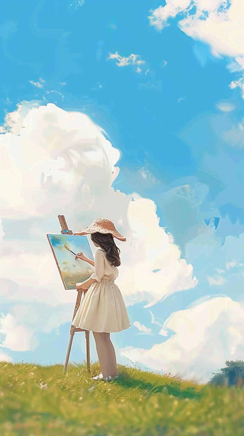 女子户外写生作画壁纸