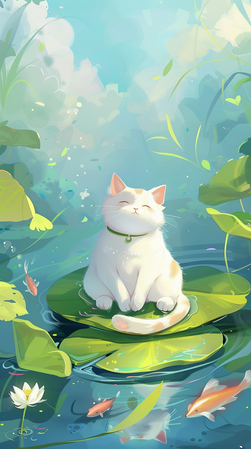 可爱猫咪坐荷叶图壁纸素材