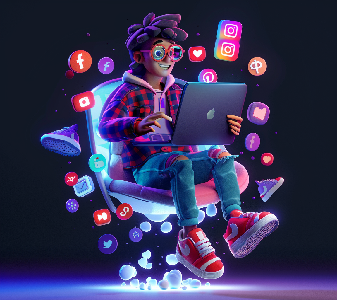 时尚青年使用笔记本创意3D设计图