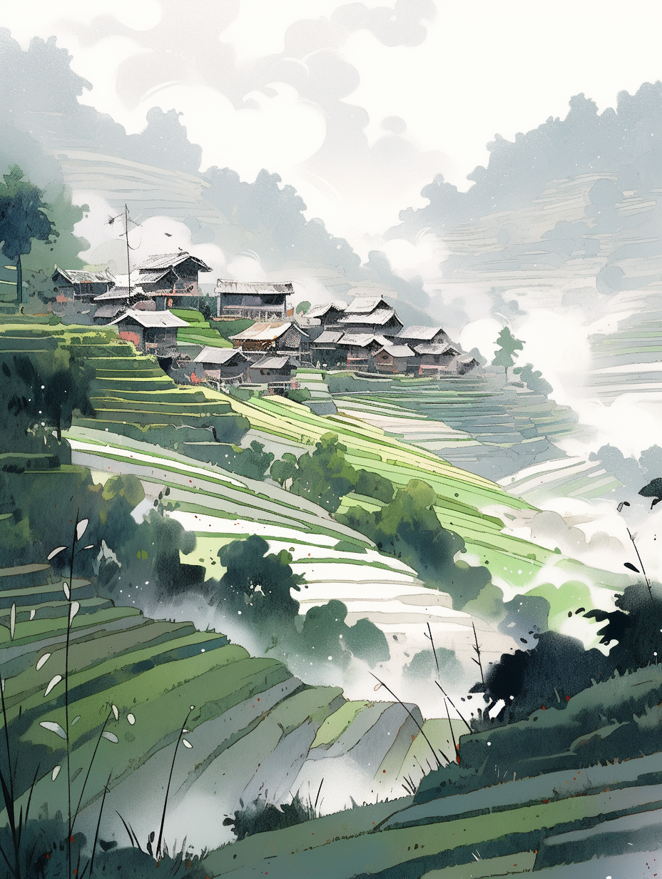 乡村美景如画水墨风格梯田景观图