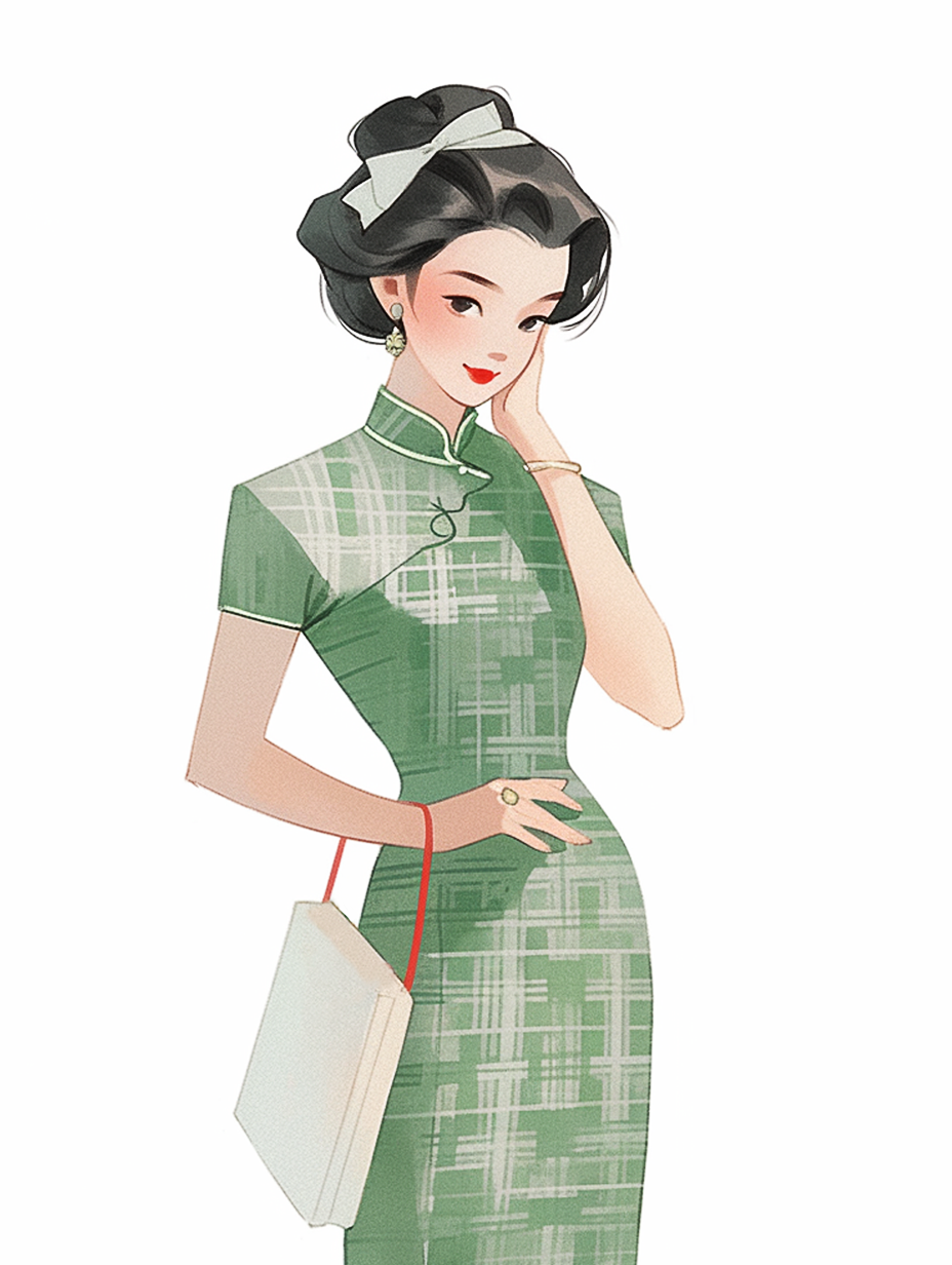 身着旗袍的优雅女士手提包形象