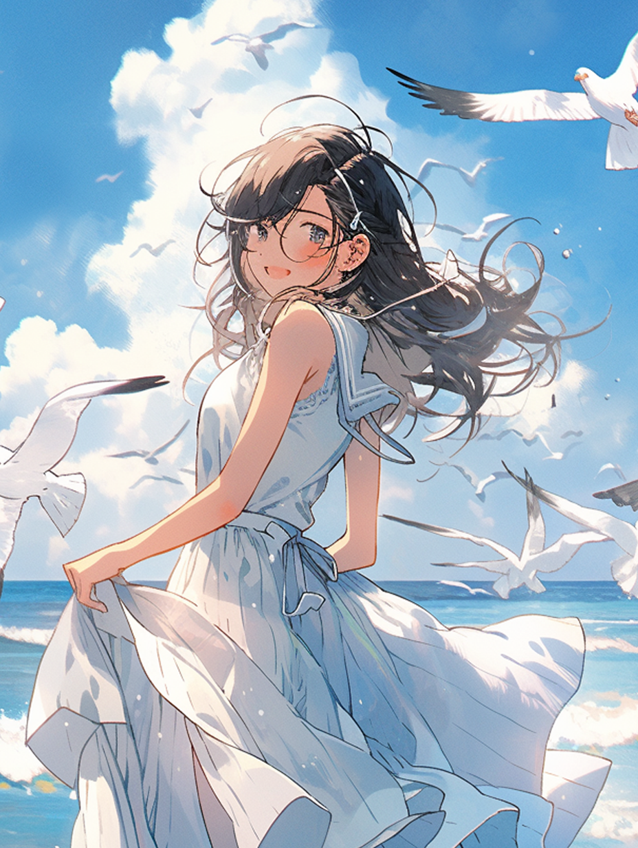 身穿优雅长裙的女子海边吹风