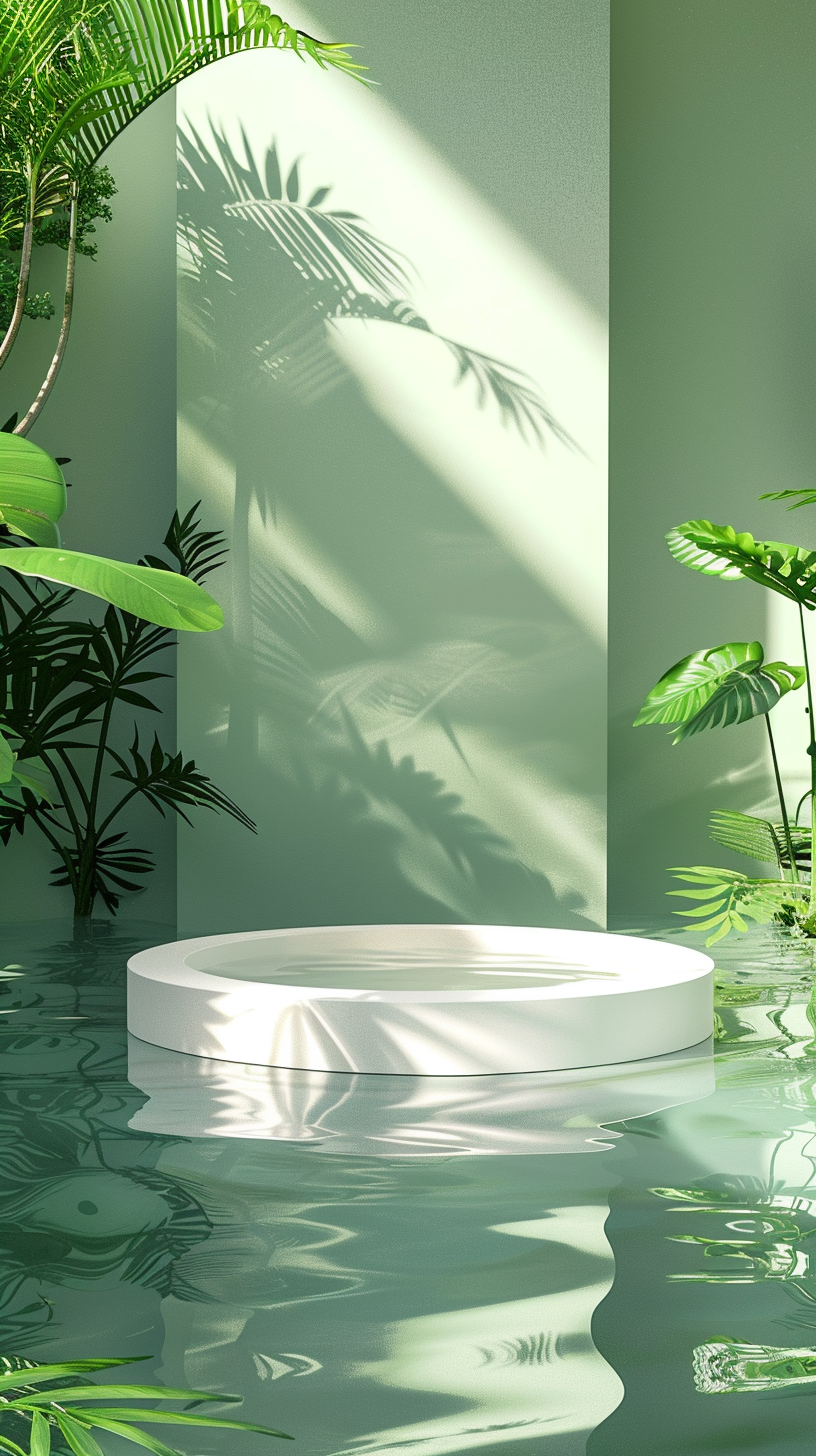 水中绿植环绕的清新自然风展示台背景图