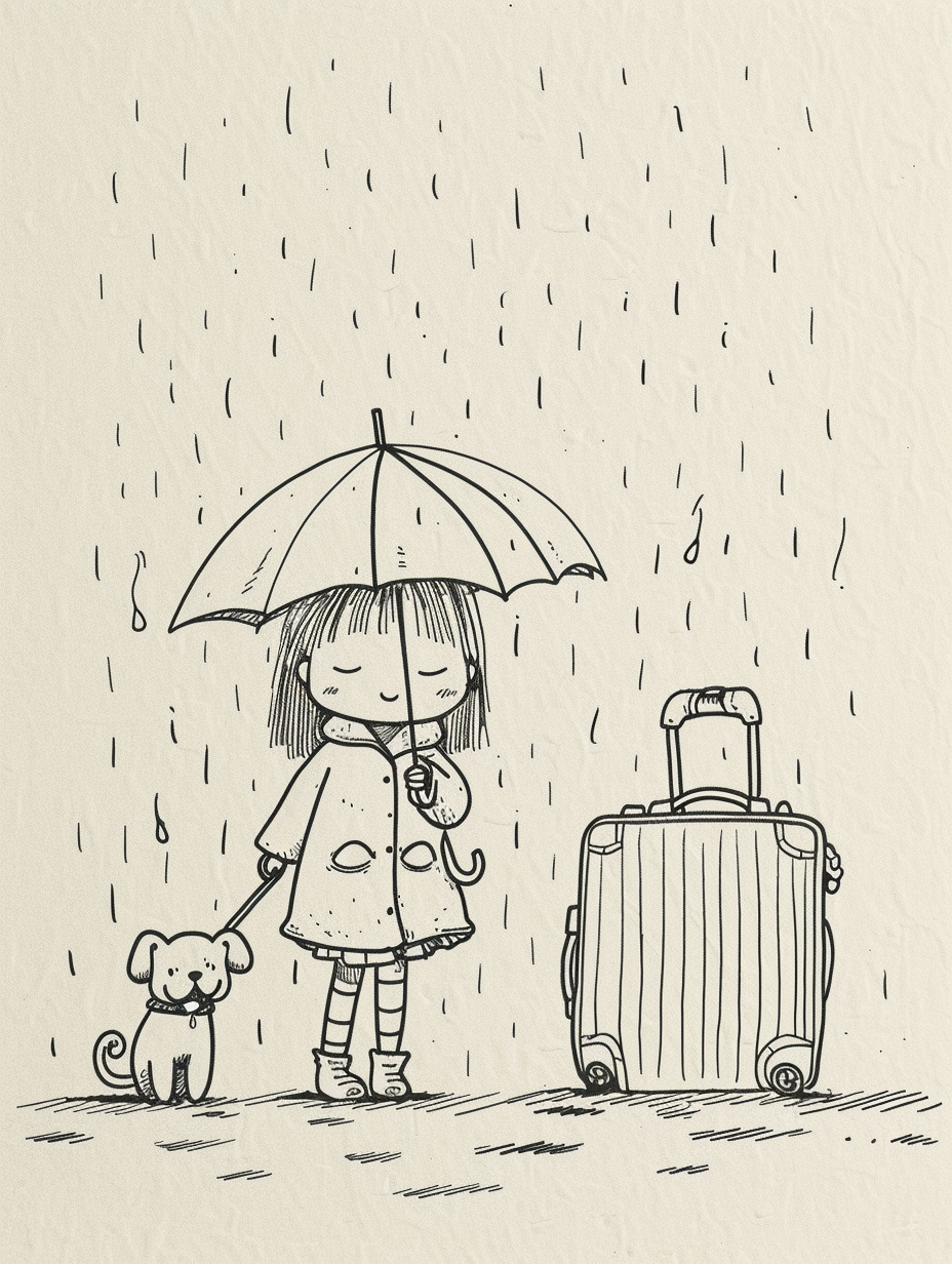 撑伞女孩带宠物行李箱雨中前行的手绘插画