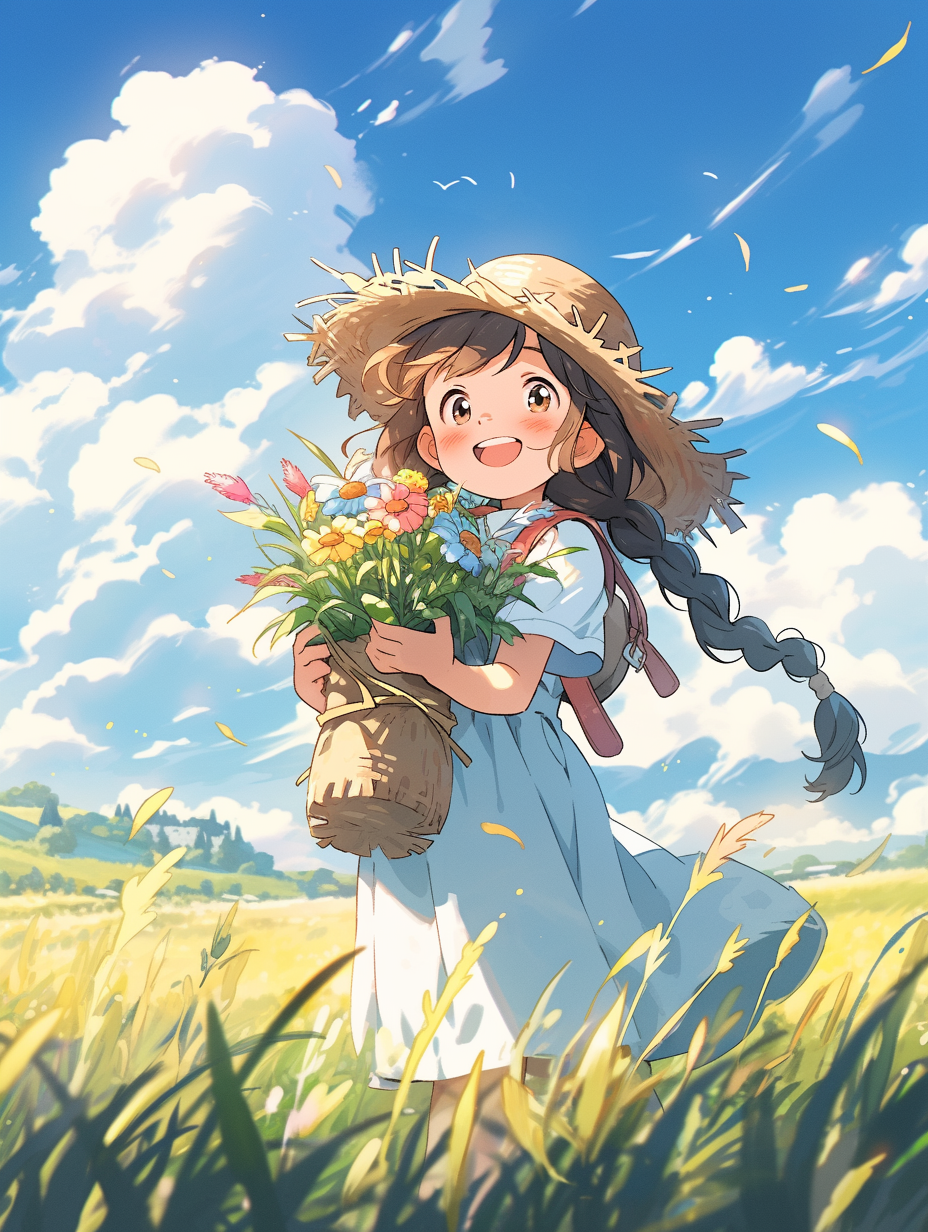 可爱女孩提花束在田野间