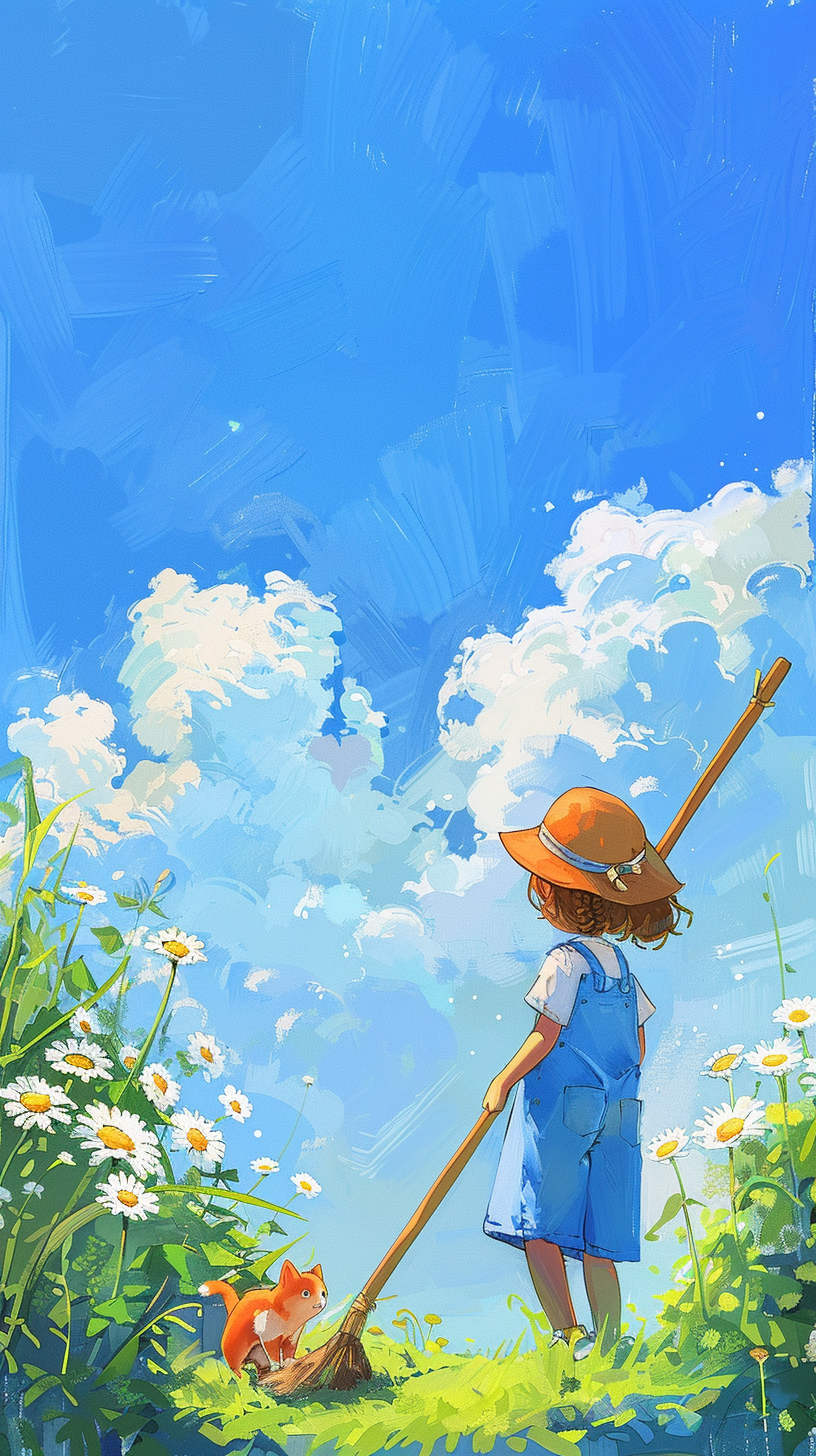 小女孩与猫的清新户外场景壁纸