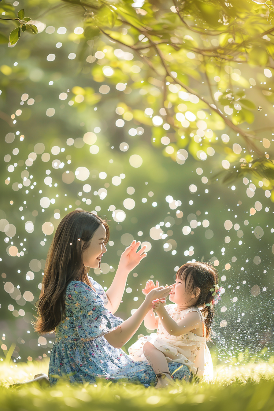 温馨母女草地嬉戏亲子时光母亲节宣传图
