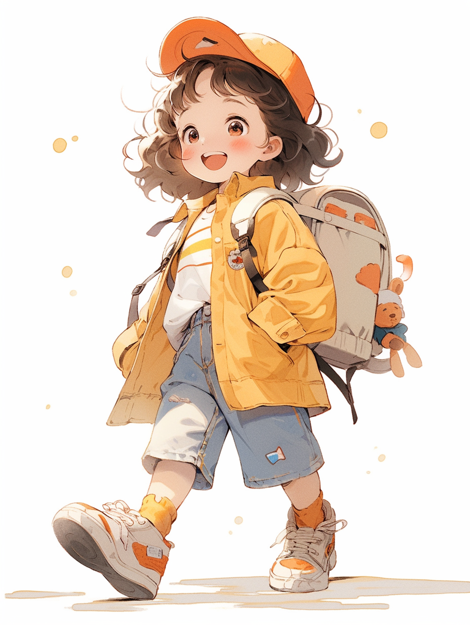 可爱女孩背着书包的时尚儿童插画