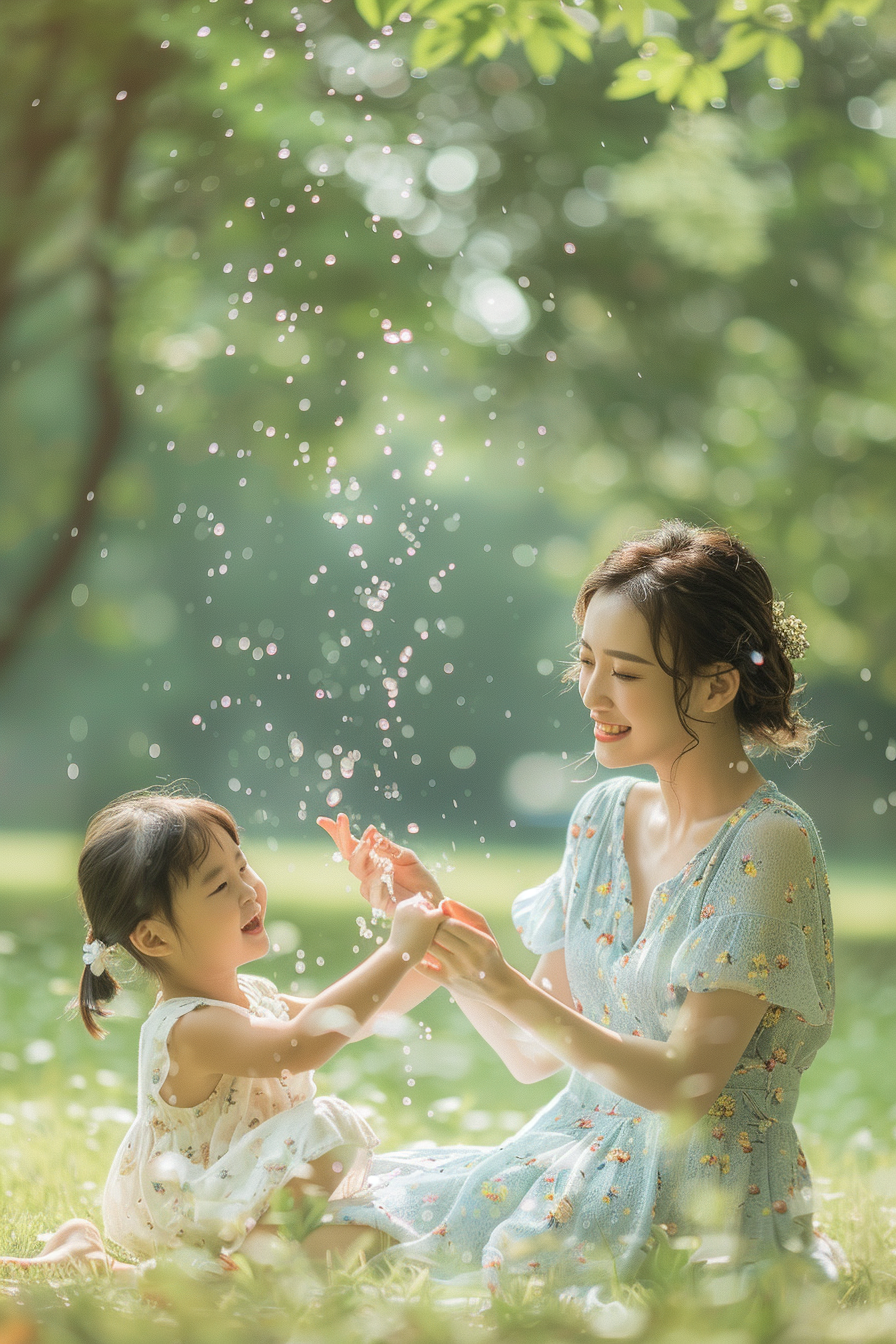 母女草地嬉戏玩闹温馨场景母爱