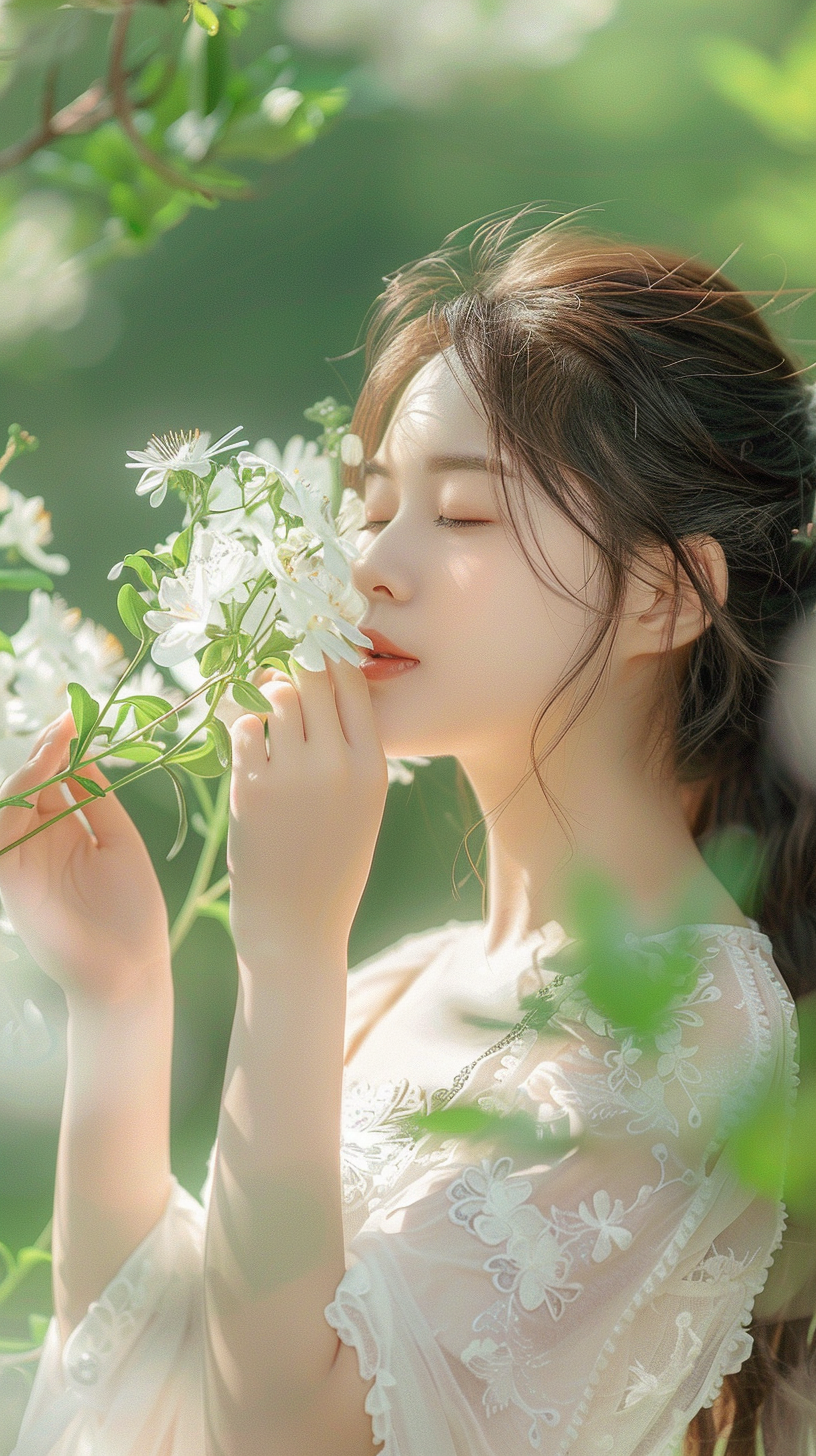 身穿蕾丝白衣的女子闭眼轻嗅手中鲜花