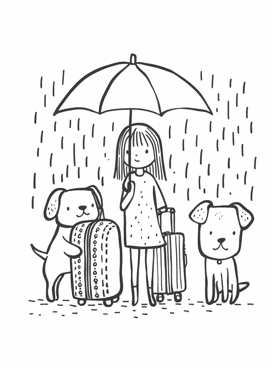 女孩带狗狗雨中出行的可爱插画