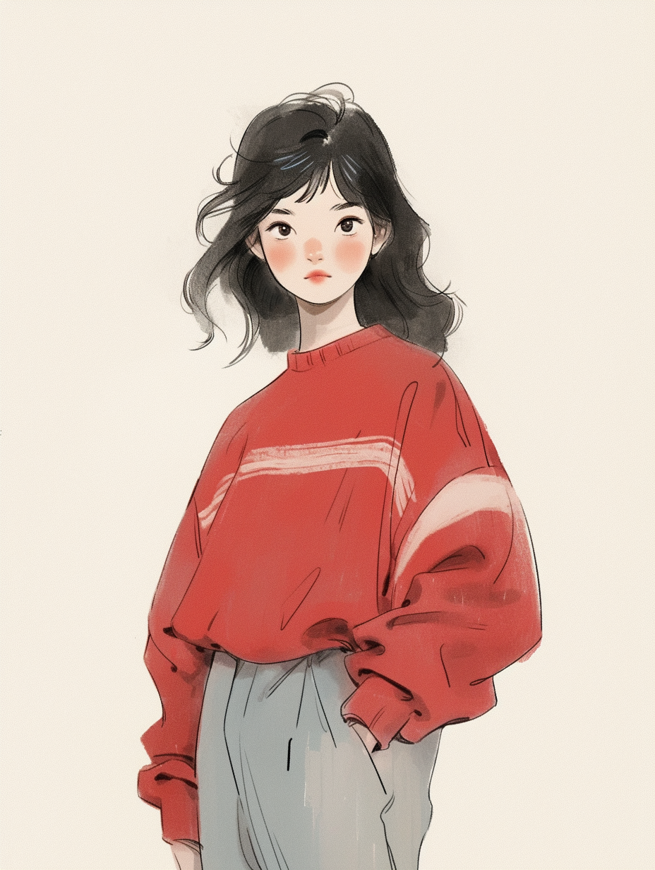 身穿红色上衣的时尚女孩形象