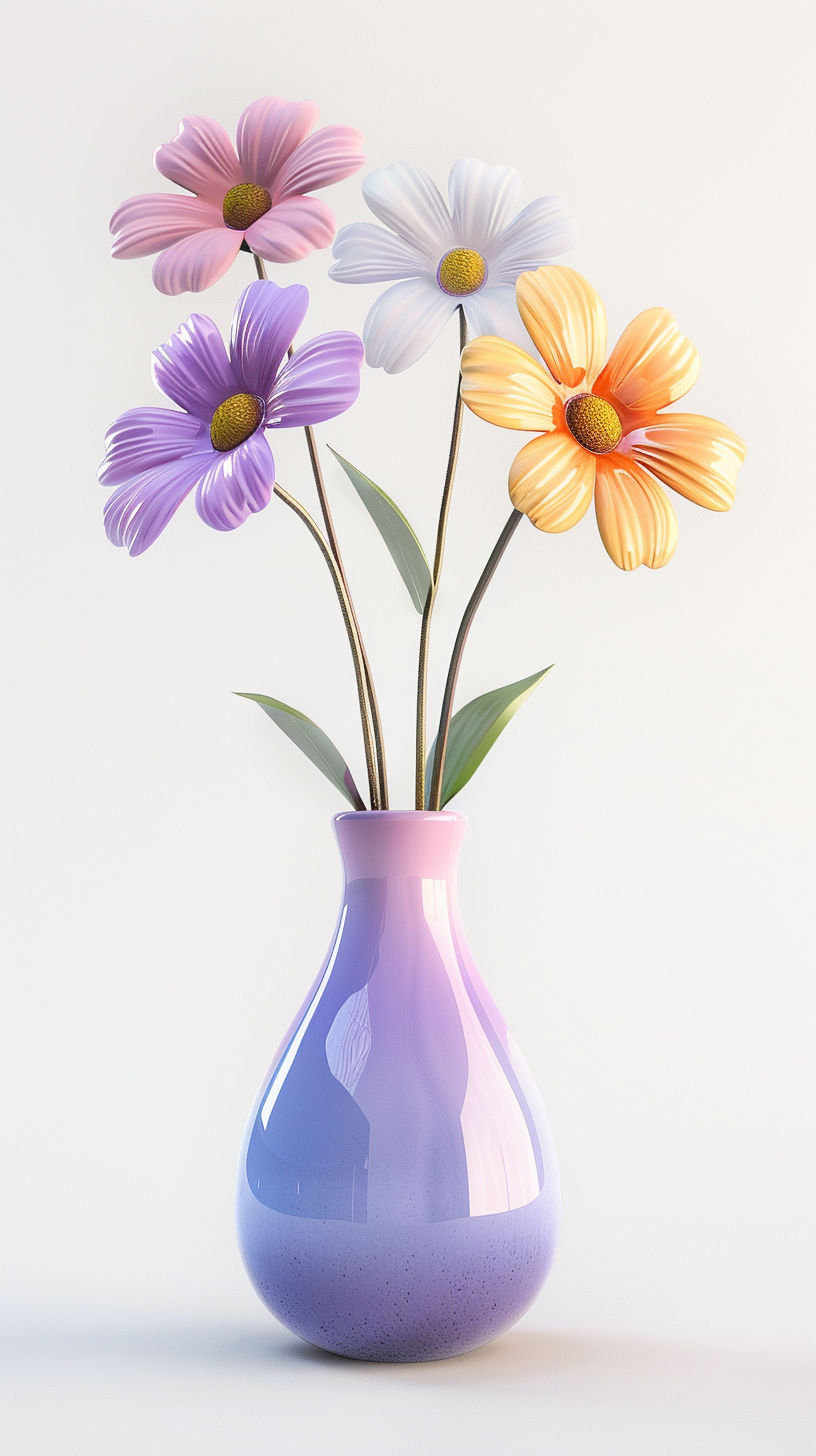 多彩鲜花插于渐变花瓶的唯美3D装饰图
