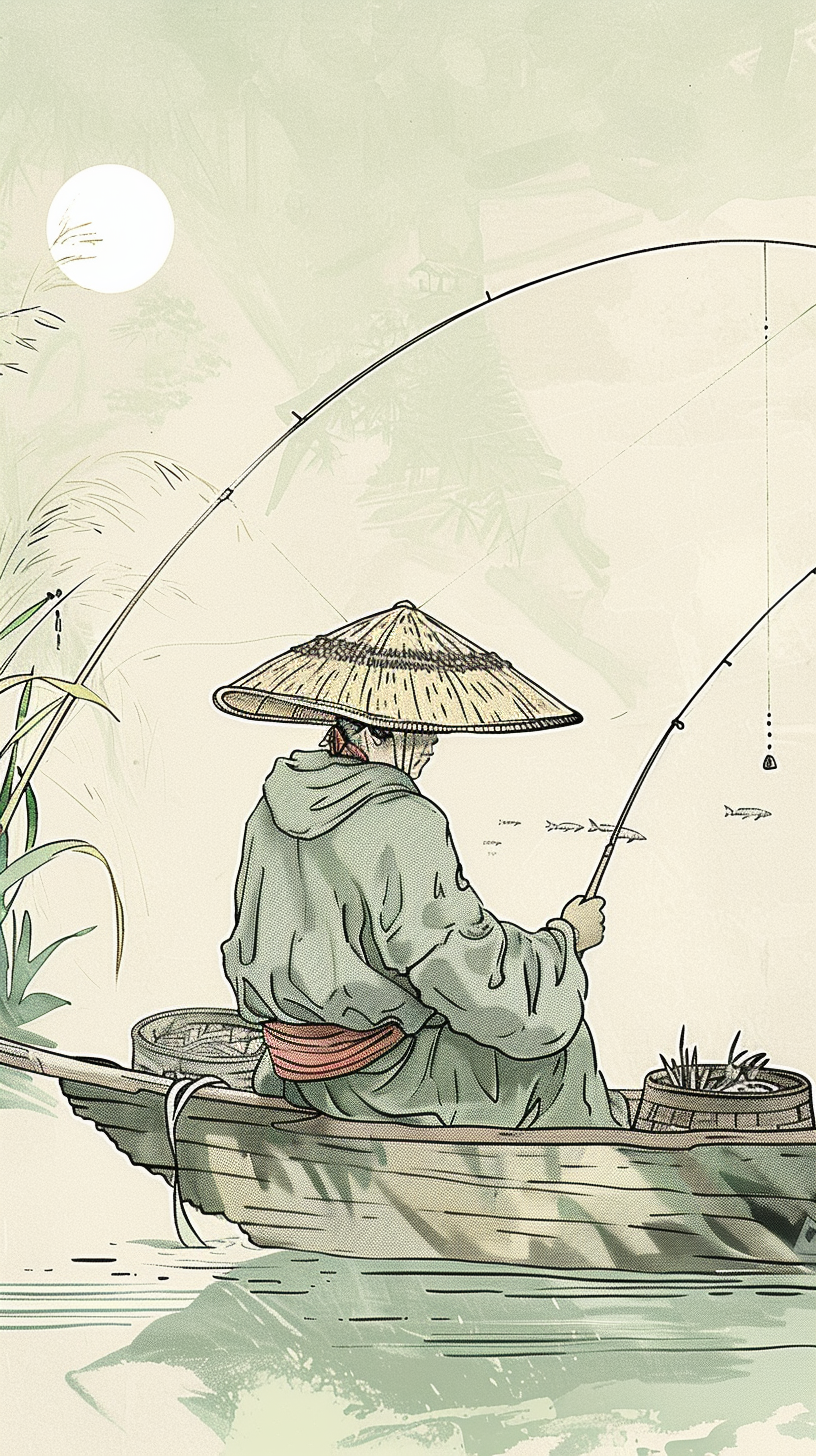 古装人物坐扁舟垂钓的清新古风插画