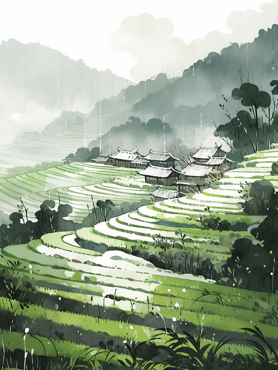 水墨风乡村梯田美景图自然