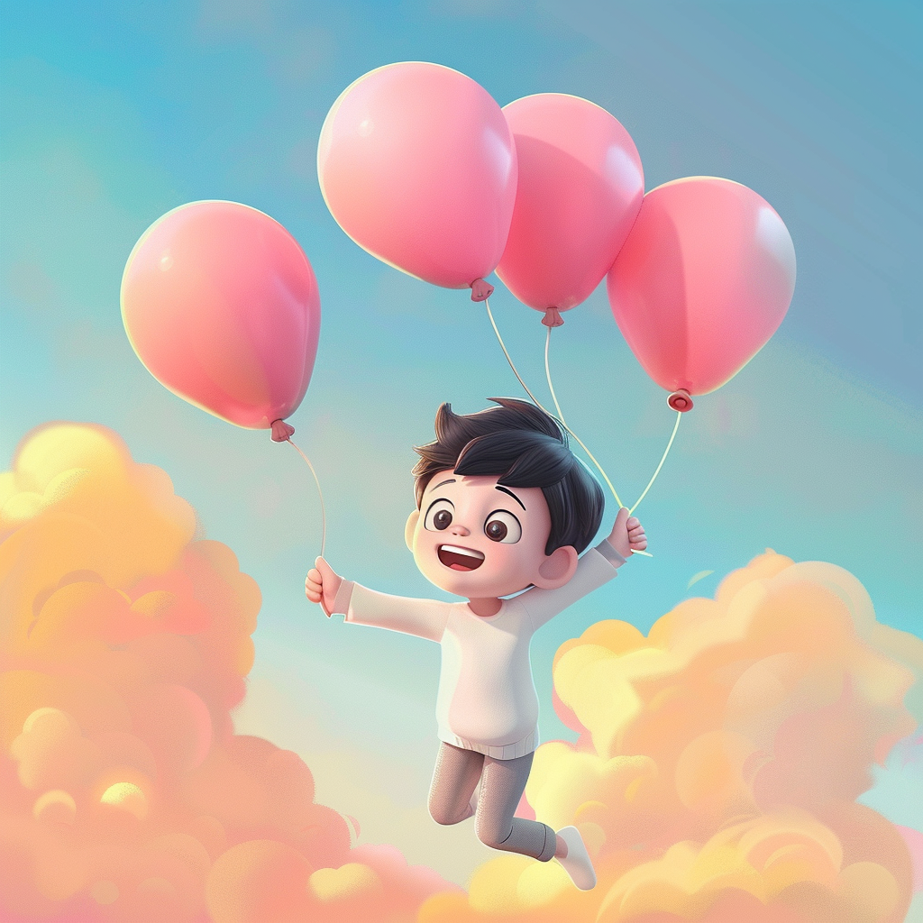 可爱小男孩手持气球在空中飞舞的3D画面