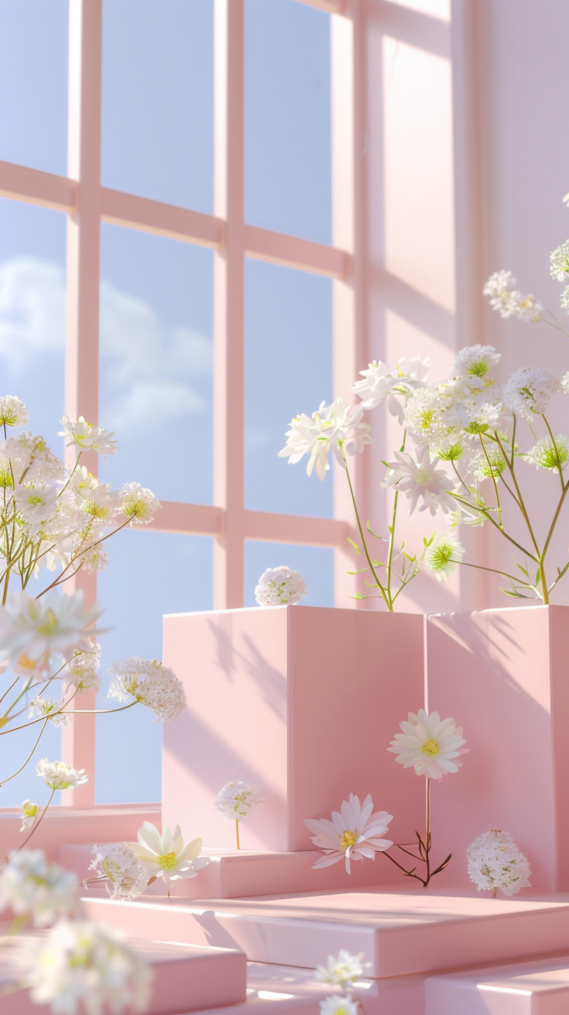 粉色系背景下的白色鲜花展示