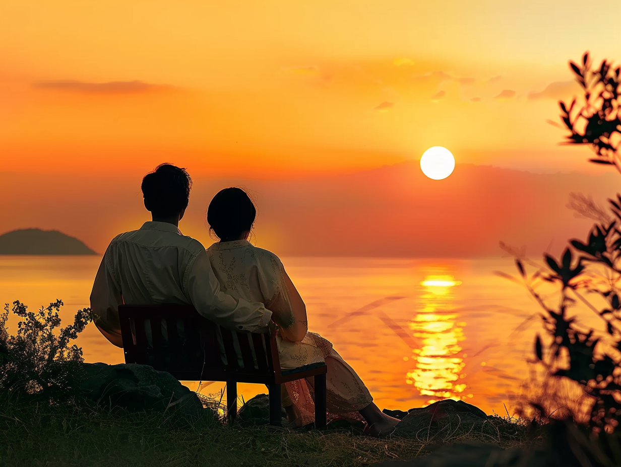 情侣赏夕阳美景