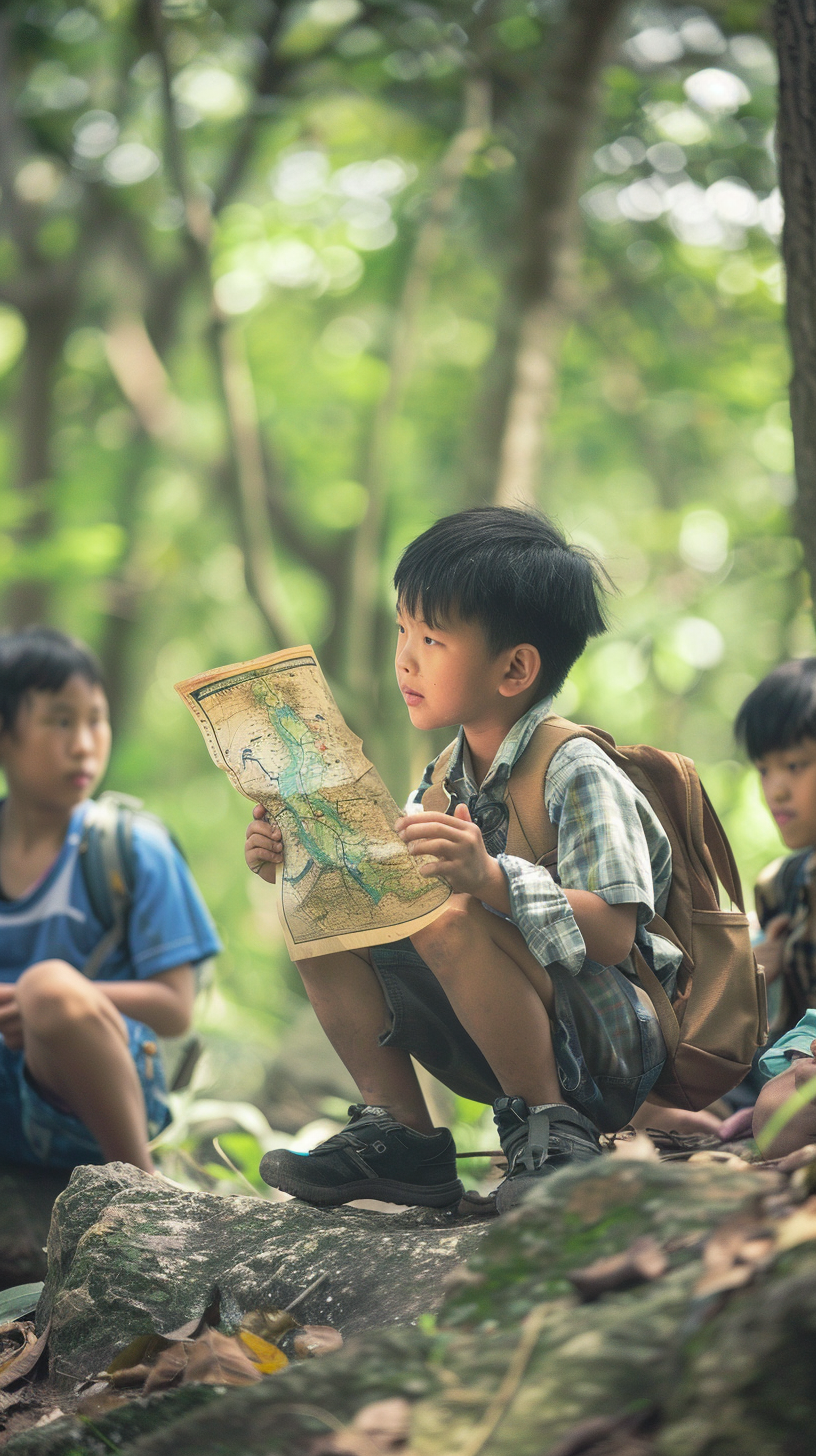 小男孩森林中看地图的可爱户外探险之旅