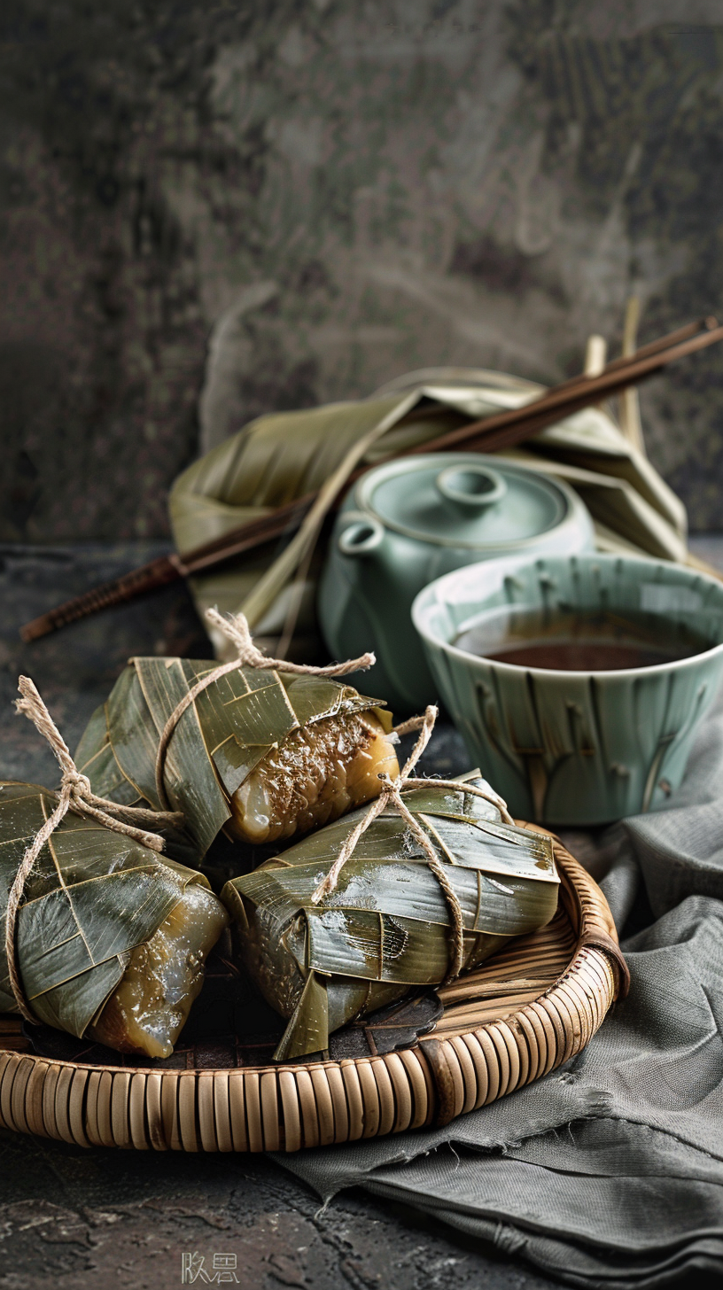 传统美食粽子搭配茶具中式风情