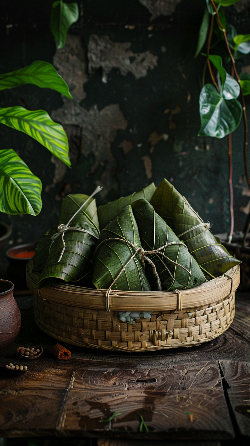 竹编篮装粽子传统美食端午风情