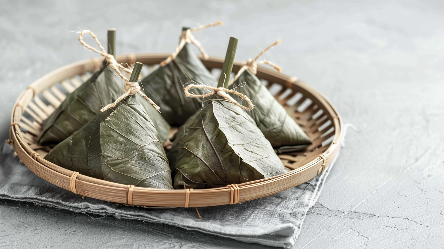 传统竹编盘中的美味粽子端午风情